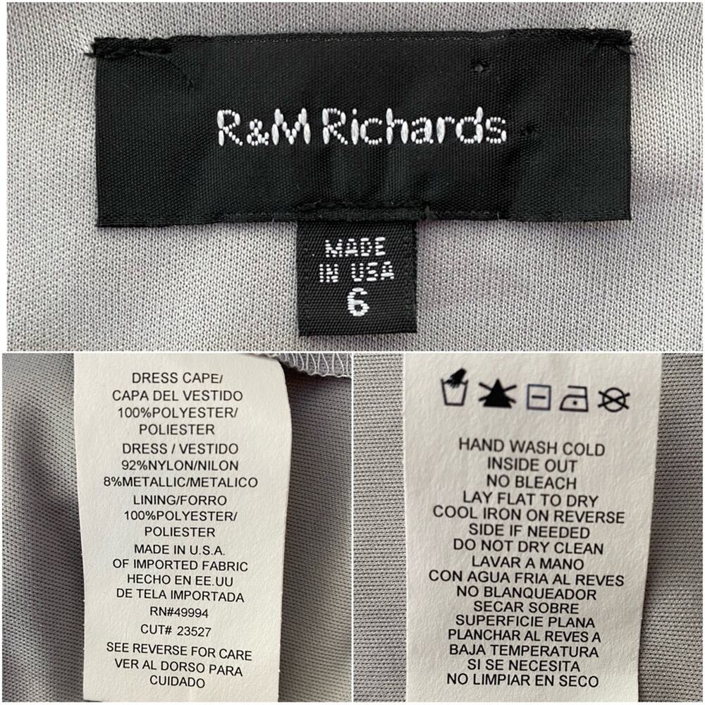 R&M Richards Crochet Metallic Chiffon Cape Overlay Dress Womens Size 6 Gray - Picture 14 of 15